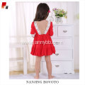 Kid girls red viscose lace backless dress with big ruffles